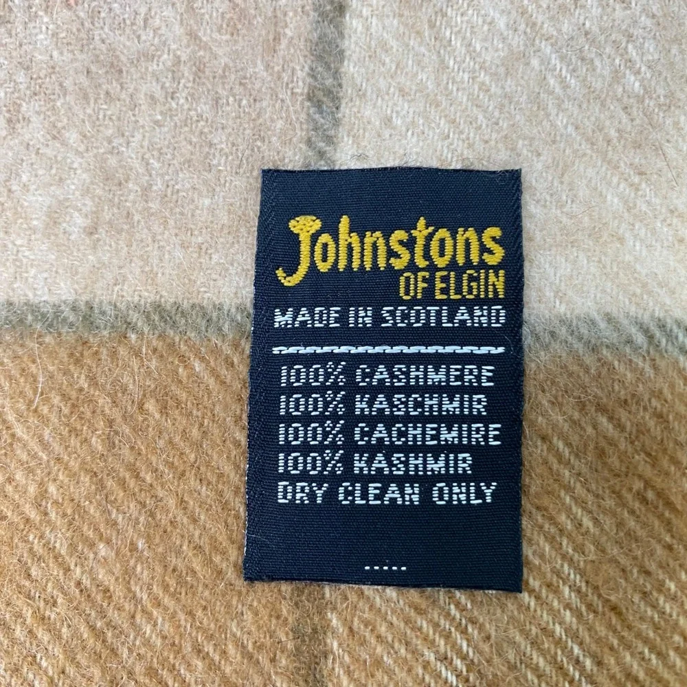 Johnstons of Elgin Cashmere Scarf Made in Scotland Plaid‎ Check Tan Beige Unisex